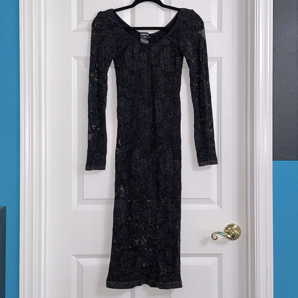 Bebe bodycon long sleeve lace dress with gold metallic accents midi/maxi